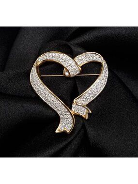 Vintage SWAROVSKI Signed Early 2000s Gold-Tone Ribbon Heart Brooch